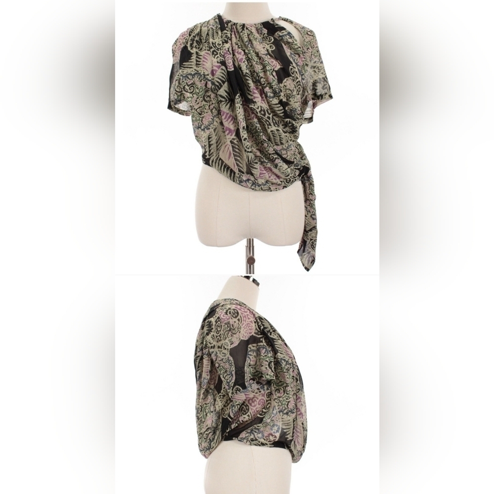 IRO NWOT Rivola Short Sleeve Top Beige/Black/Multicolor 100% Silk